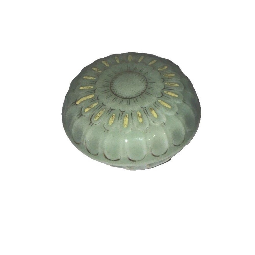 Vintage Green Gold Petal Art Glass Body Powder Candy Bowl Vanity Jar